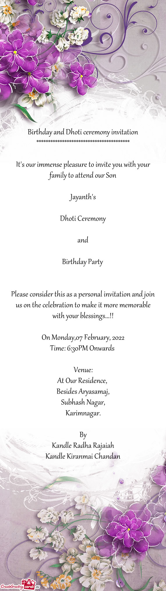 Birthday and Dhoti ceremony invitation