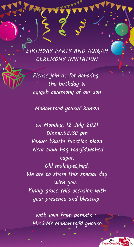 BIRTHDAY PARTY AND AQIQAH CEREMONY INVITATION