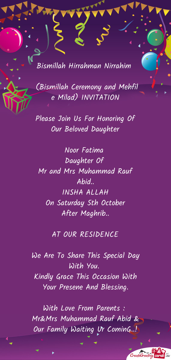 (Bismillah Ceremony and Mehfil e Milad) INVITATION