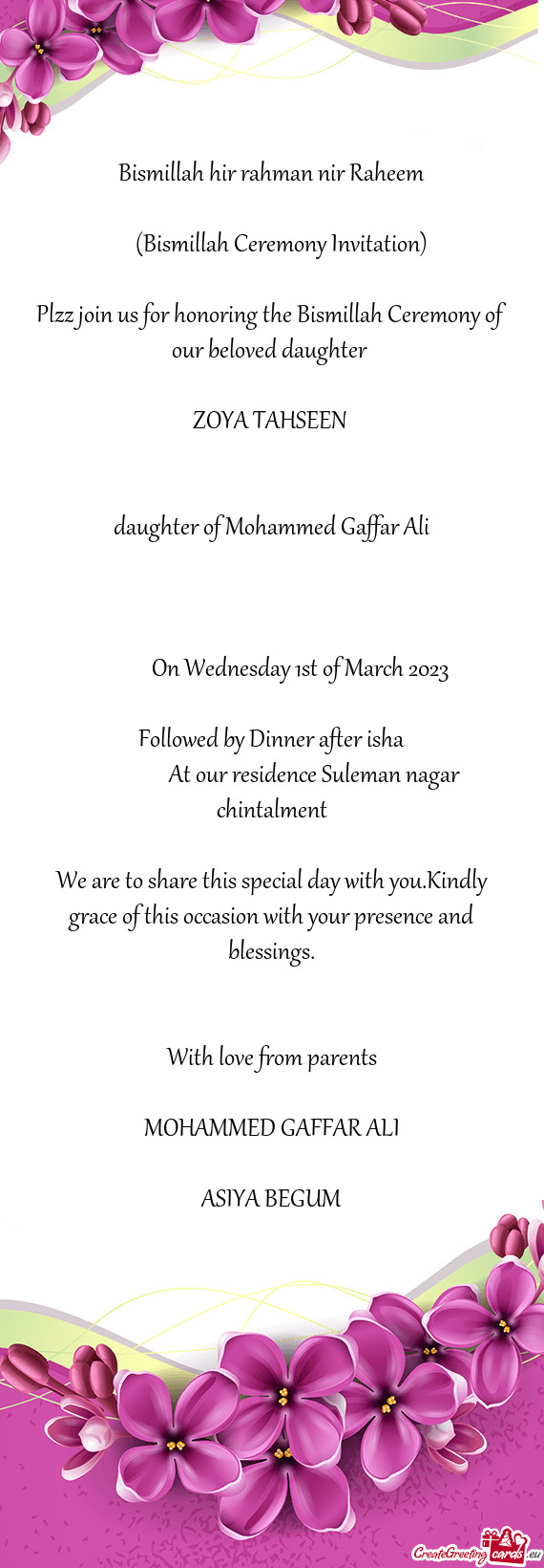 (Bismillah Ceremony Invitation)