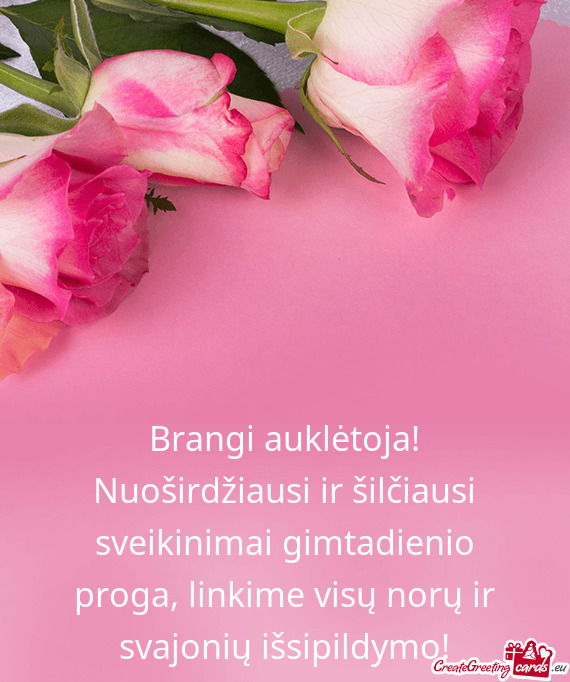 Brangi auklėtoja! Nuoširdžiausi ir šilčiausi sveikinimai gimtadienio proga, linkime visų norų