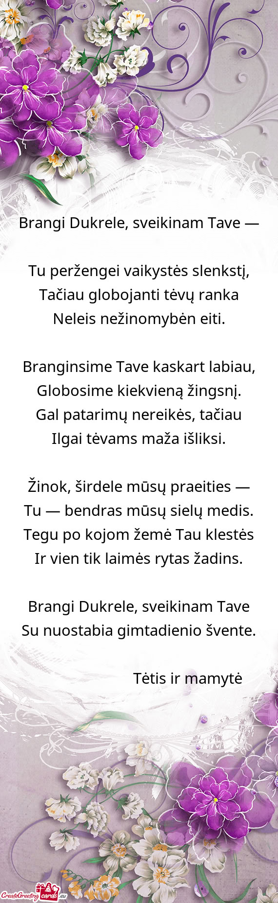 Brangi Dukrele, sveikinam Tave —