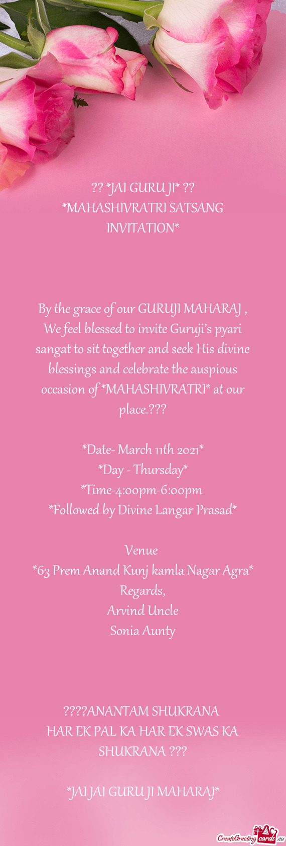 By the grace of our GURUJI MAHARAJ , We feel blessed to invite Guruji’s pyari sangat to sit togeth