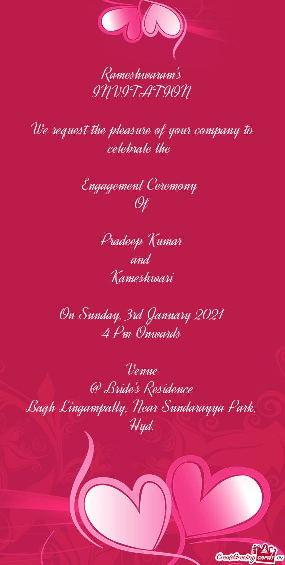 Ceremony 
 Of
 
 Pradeep Kumar
 and
 Kameshwari
 
 On Sunday