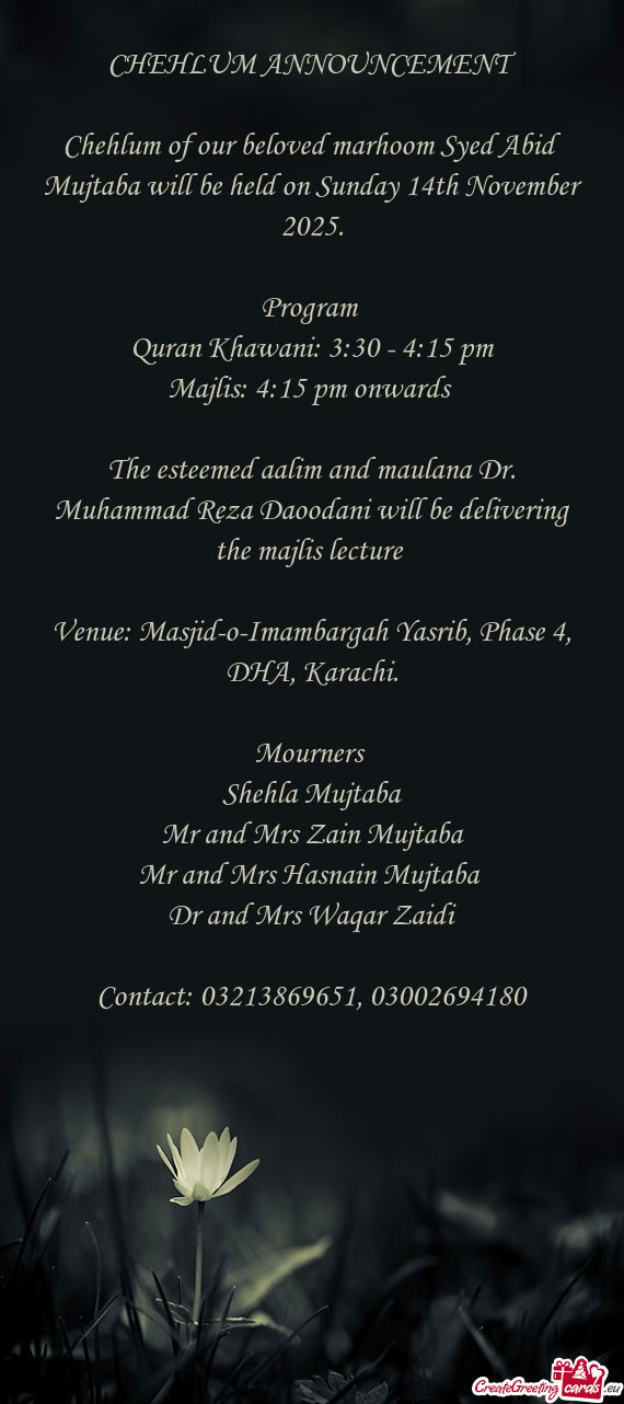 CHEHLUM ANNOUNCEMENT