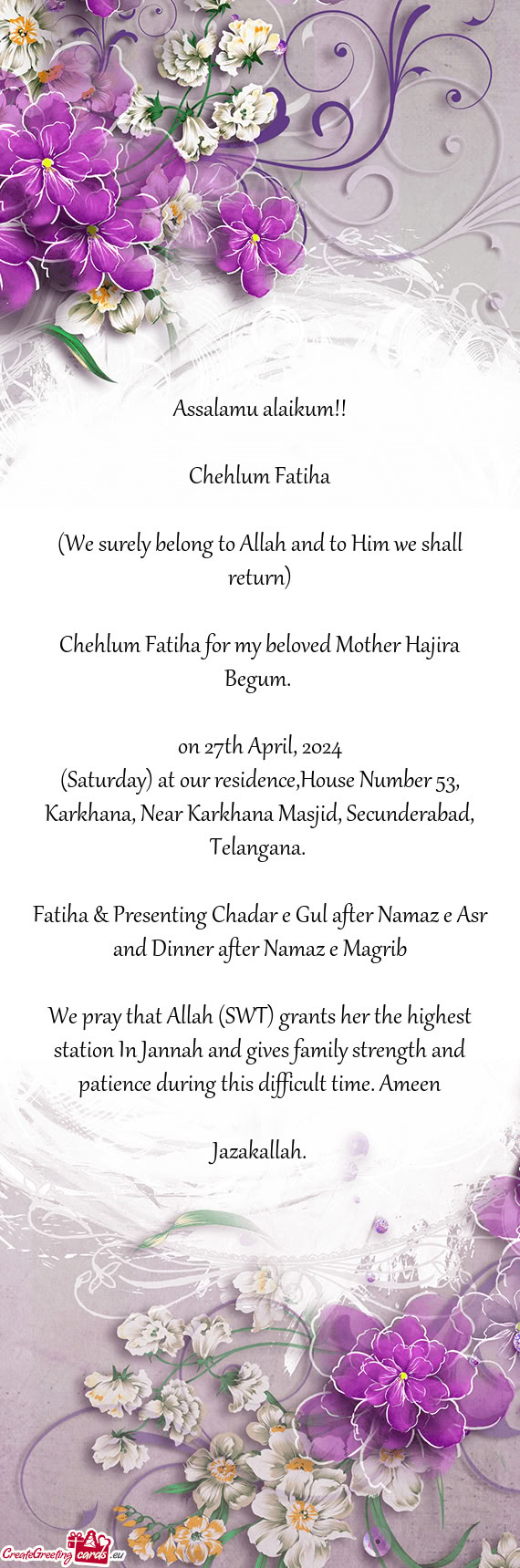 Chehlum Fatiha for my beloved Mother Hajira Begum