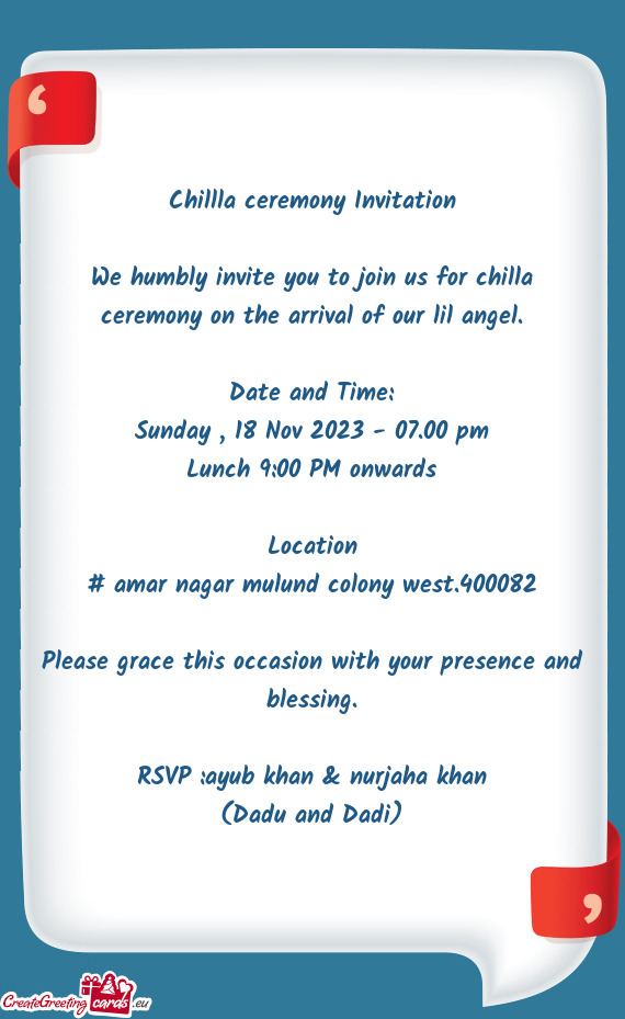 Chillla ceremony Invitation