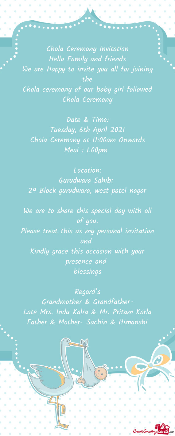 Chola Ceremony at 11:00am Onwards