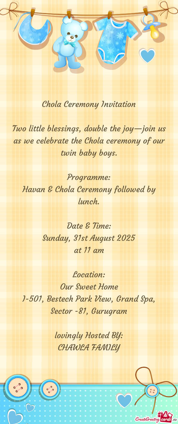Chola Ceremony Invitation Two little blessings