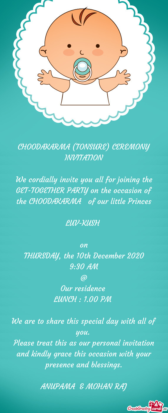 CHOODAKARMA (TONSURE) CEREMONY INVITATION