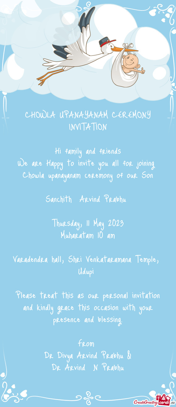 CHOWLA UPANAYANAM CEREMONY INVITATION