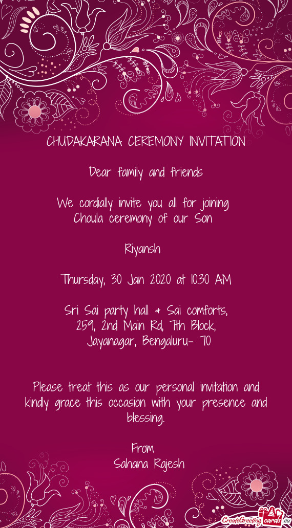 CHUDAKARANA CEREMONY INVITATION