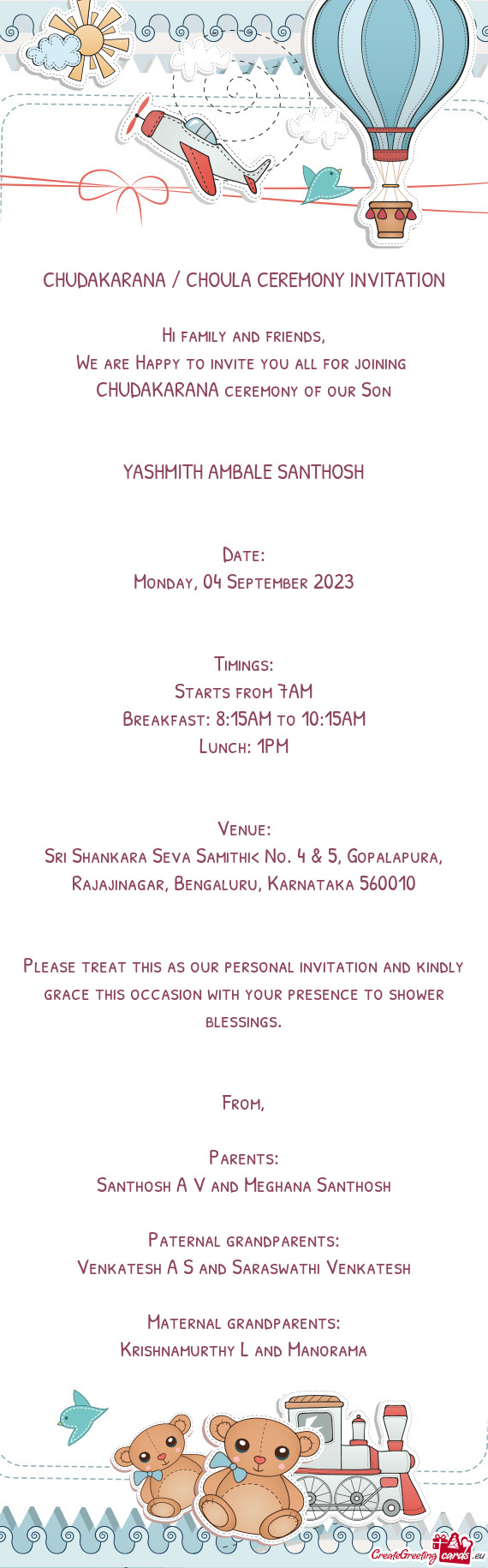 CHUDAKARANA / CHOULA CEREMONY INVITATION