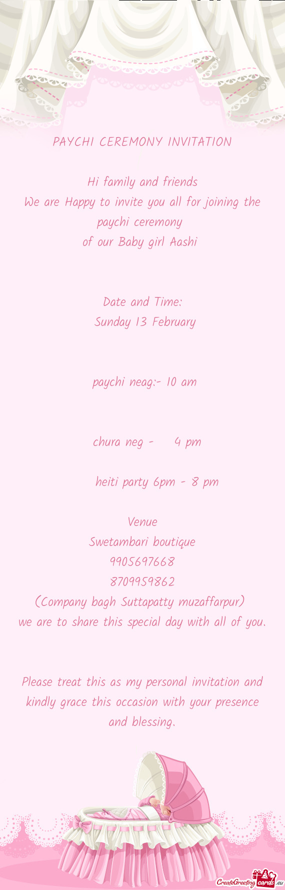 Chura neg - 4 pm      heiti party 6pm - 8 pm