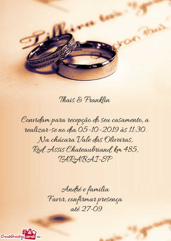 Convidam para recepção do seu casamento, a realizar-se no dia 05-10-2019 às 11:30