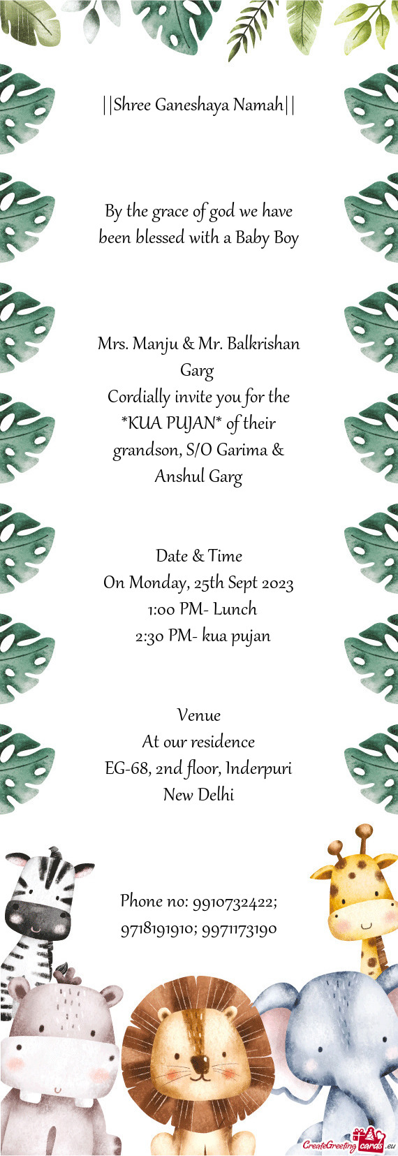 Cordially invite you for the *KUA PUJAN* of their grandson, S/O Garima & Anshul Garg