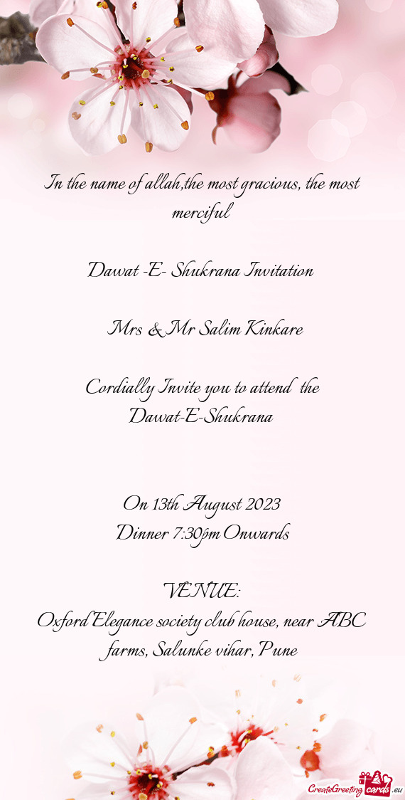 Cordially Invite you to attend the Dawat-E-Shukrana