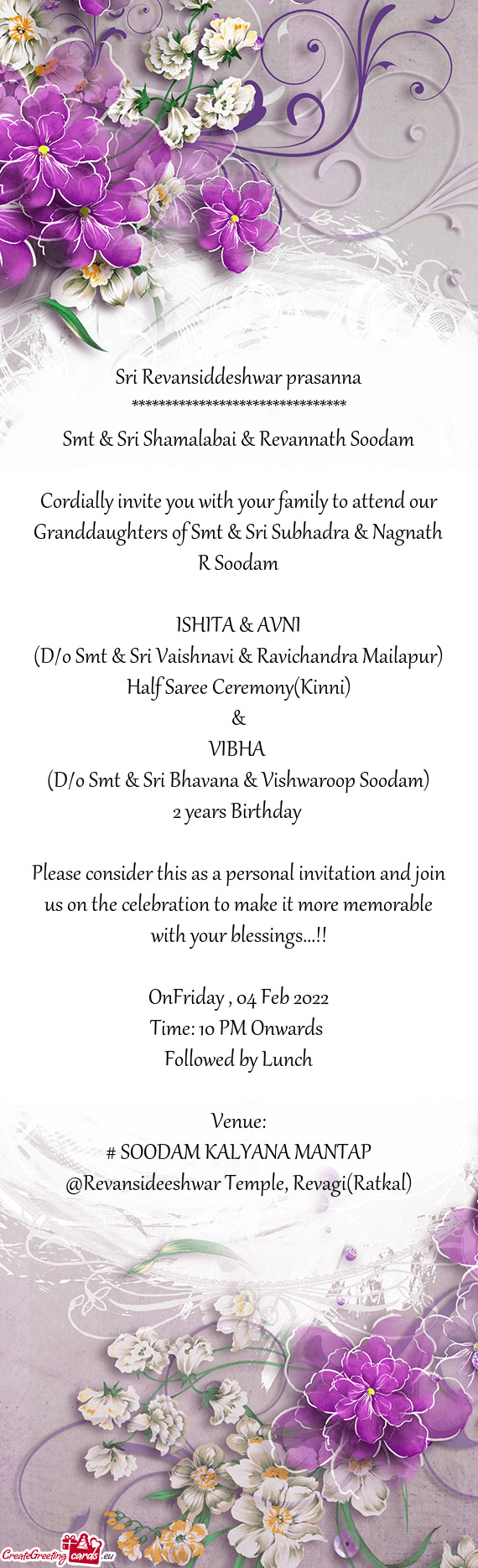 Cordially invite you with your family to attend our Granddaughters of Smt & Sri Subhadra & Nagnath R