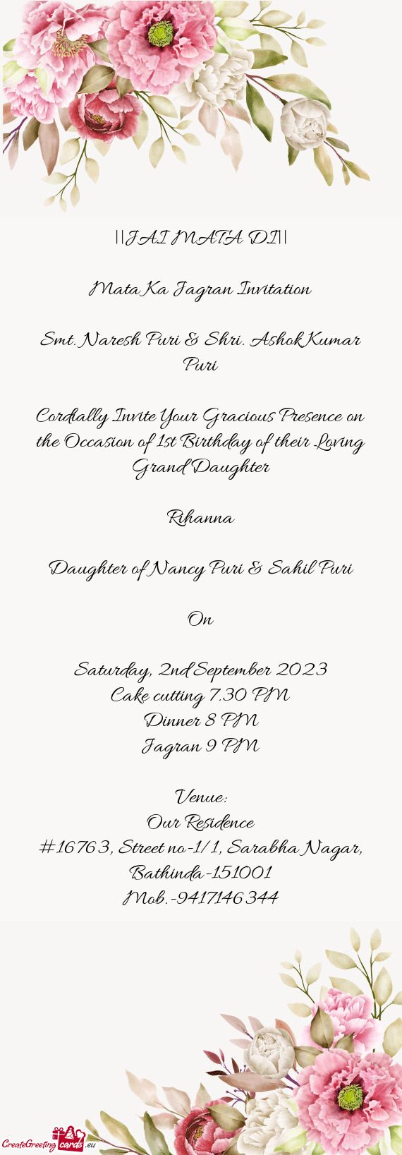 Cordially Invite Your Gracious Presence on the Occasion of 1st Birthday of their Loving Grand Daught