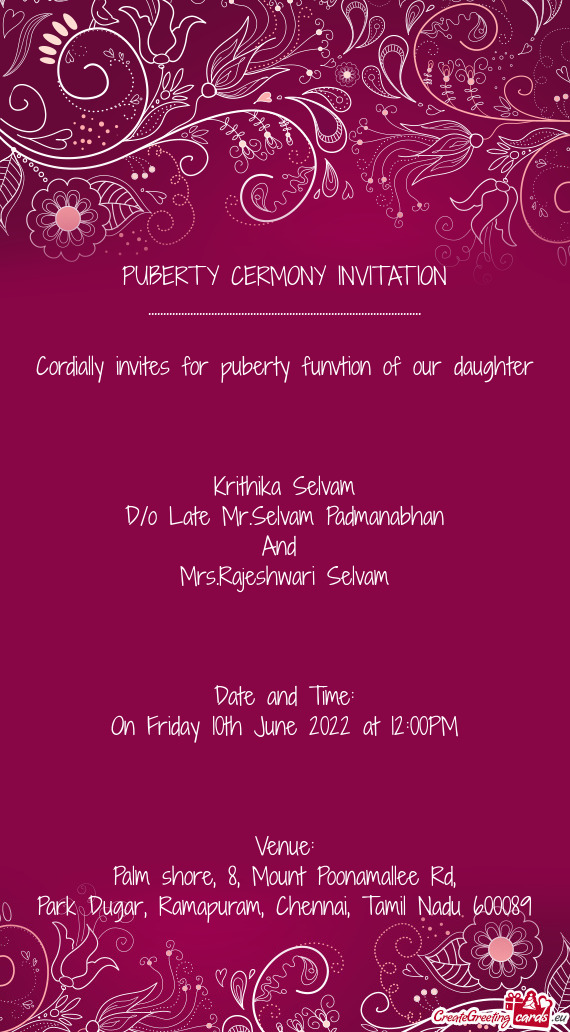 Cordially invites for puberty funvtion of our daughter