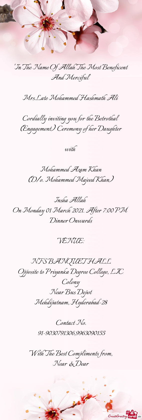 Cordially inviting you for the Betrothal (Engagement) Ceremony of her Daughter