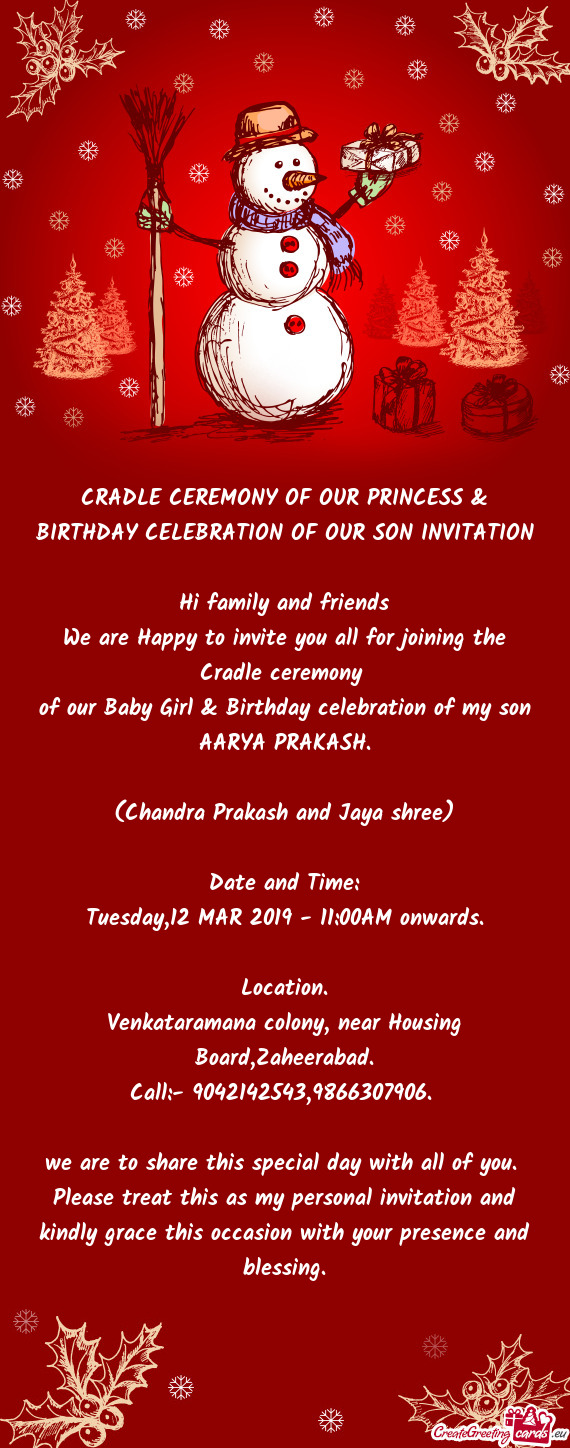 CRADLE CEREMONY OF OUR PRINCESS & BIRTHDAY CELEBRATION OF OUR SON INVITATION