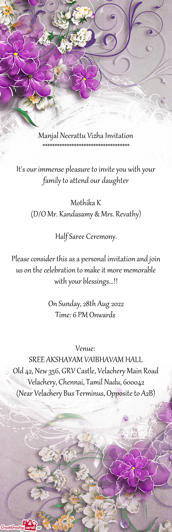 (D/O Mr. Kandasamy & Mrs. Revathy)