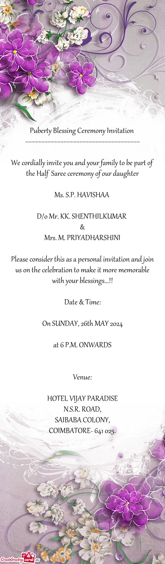 D/o Mr. KK. SHENTHILKUMAR