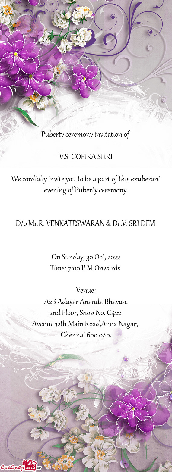 D/o Mr.R. VENKATESWARAN & Dr.V. SRI DEVI