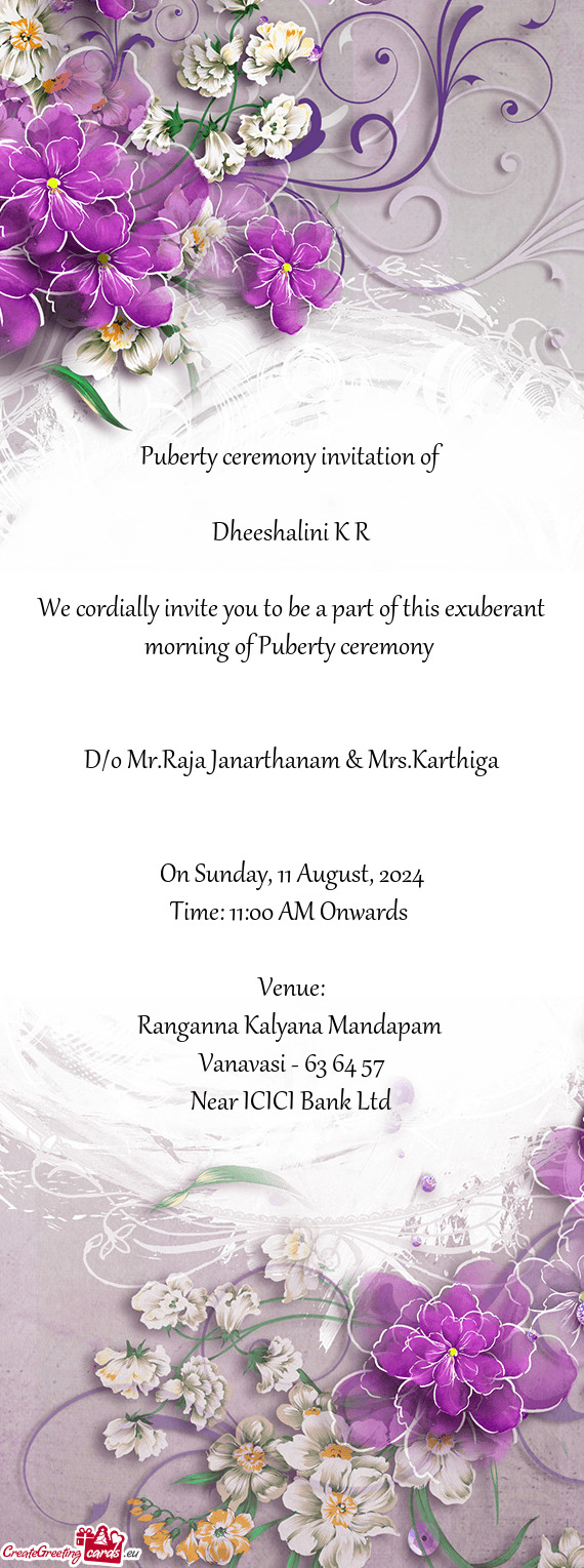 D/o Mr.Raja Janarthanam & Mrs.Karthiga