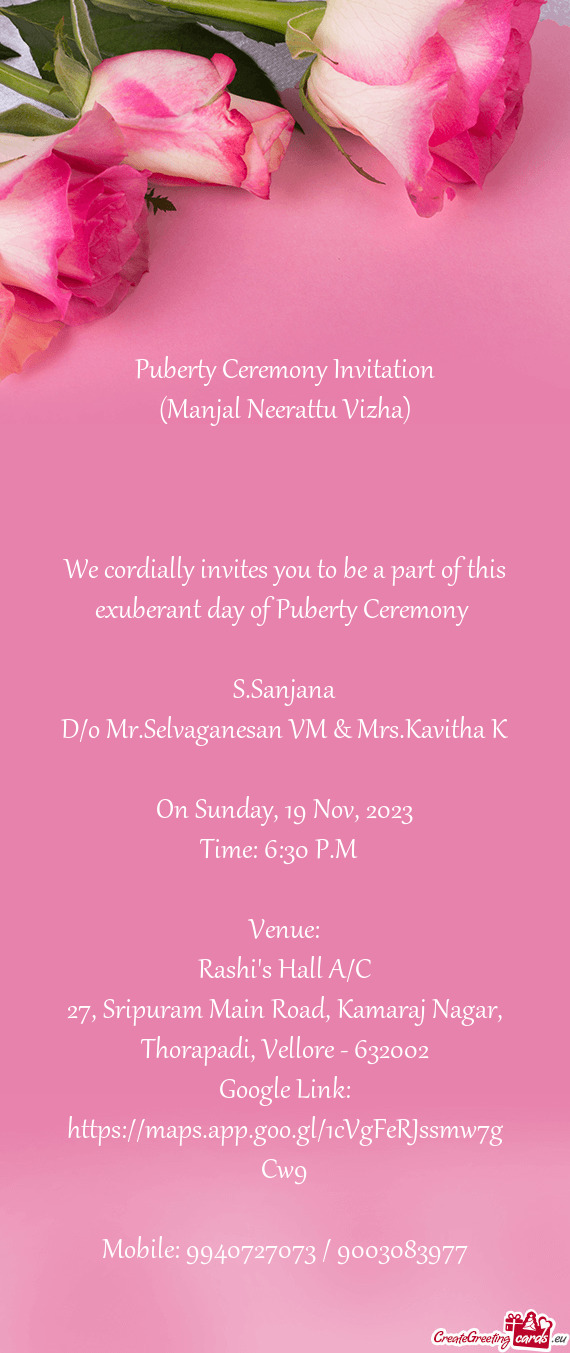 D/o Mr.Selvaganesan VM & Mrs.Kavitha K