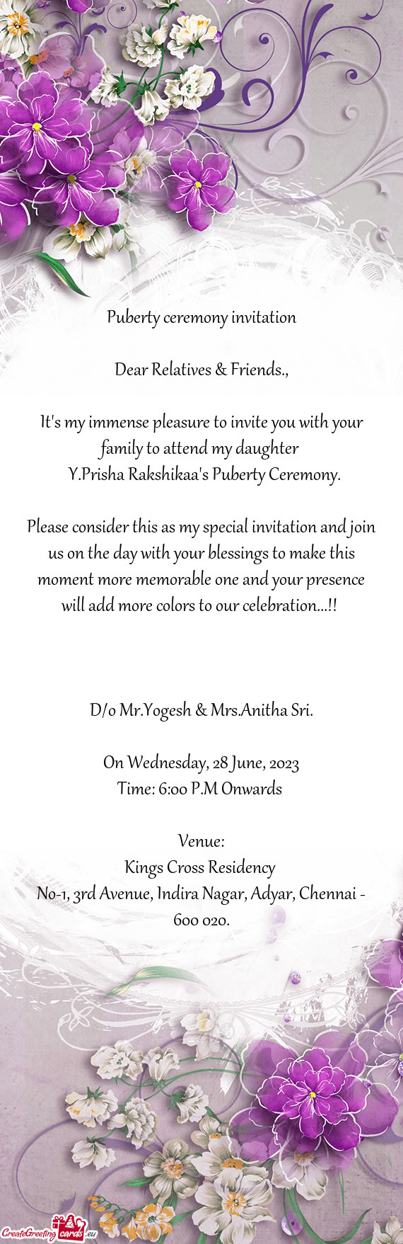 D/o Mr.Yogesh & Mrs.Anitha Sri