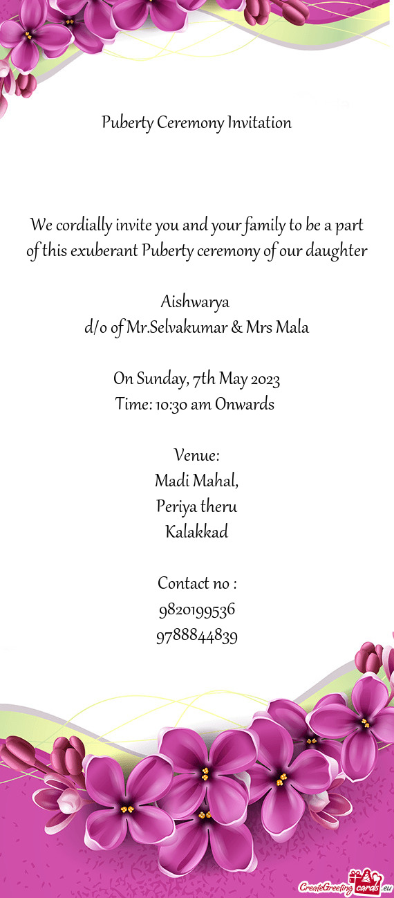 D/o of Mr.Selvakumar & Mrs Mala