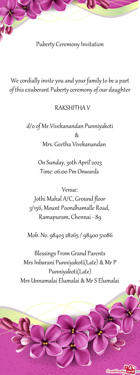 D/o of Mr.Vivekanandan Punniyakoti