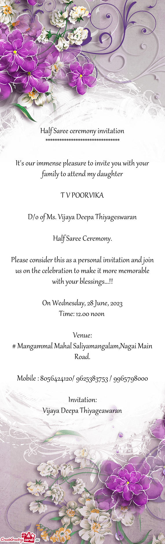 D/o of Ms. Vijaya Deepa Thiyageswaran