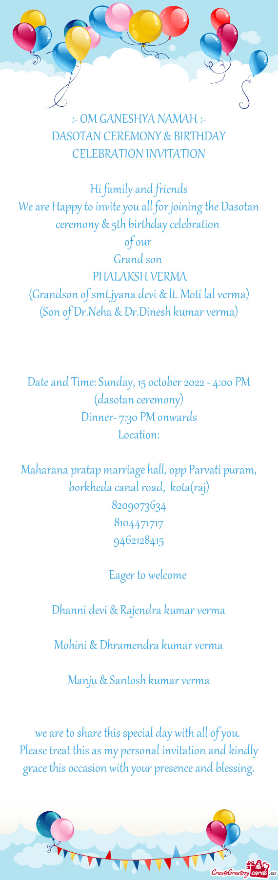 DASOTAN CEREMONY & BIRTHDAY CELEBRATION INVITATION