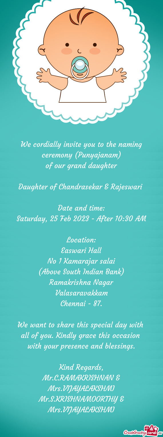 Daughter of Chandrasekar & Rajeswari