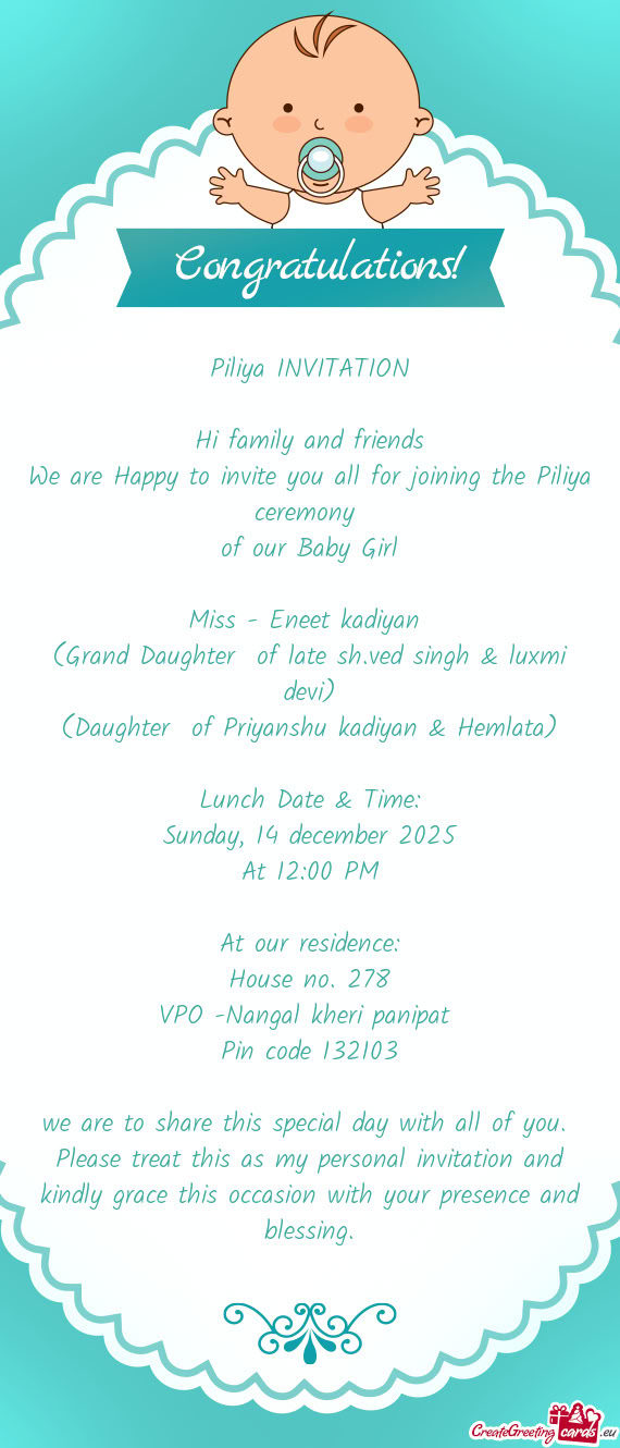 (Daughter of Priyanshu kadiyan & Hemlata)