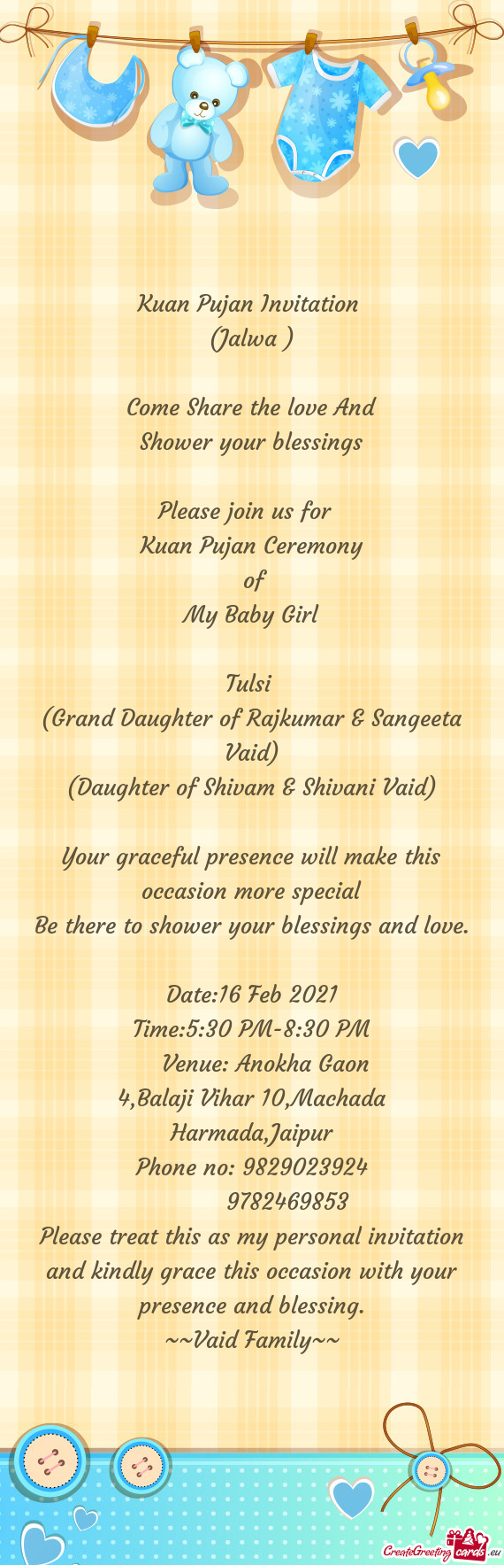 (Daughter of Shivam & Shivani Vaid)