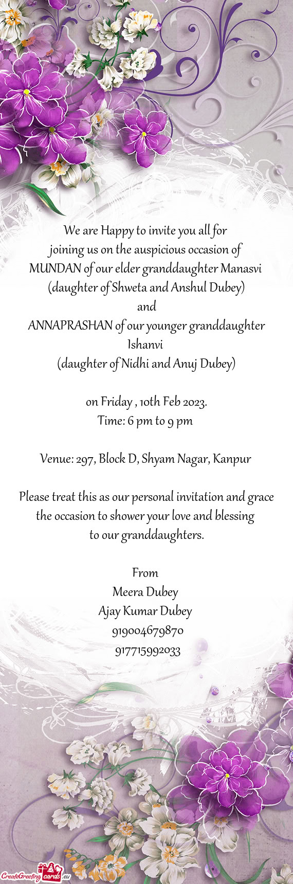 (daughter of Shweta and Anshul Dubey)