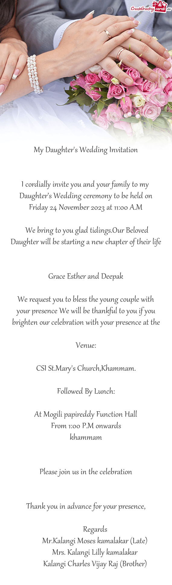 Daughter’s Wedding ceremony to be held on