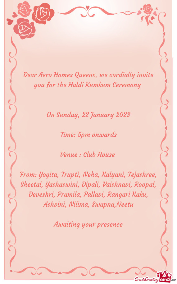 Dear Aero Homes Queens, we cordially invite you for the Haldi Kumkum Ceremony