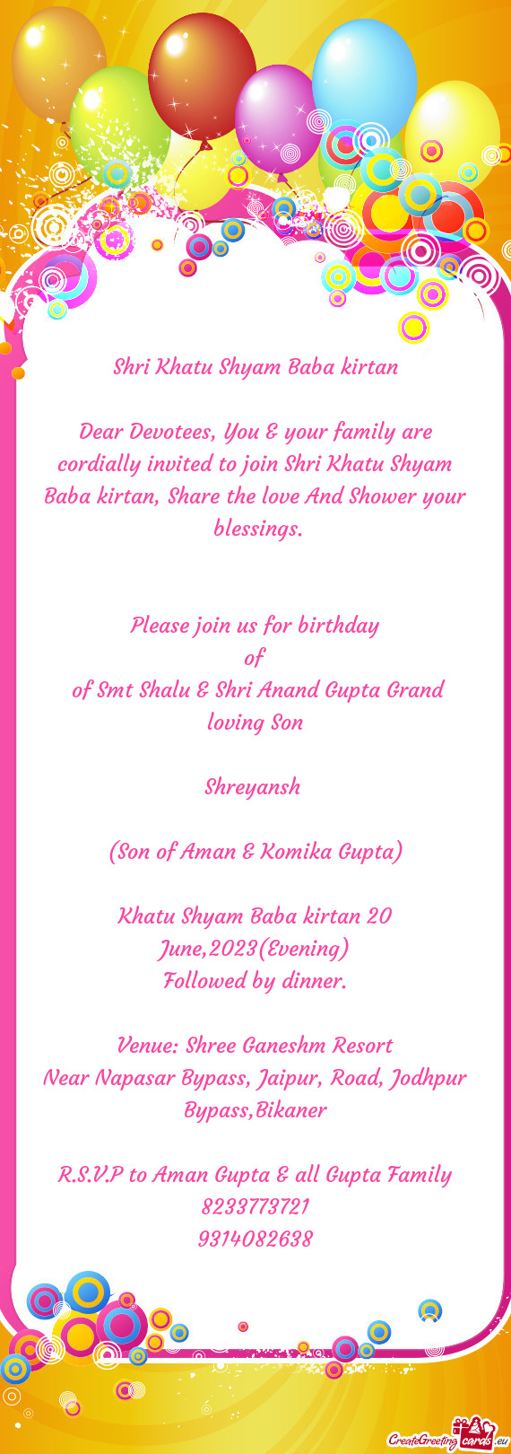 Dear Devotees, You & your family are cordially invited to join Shri Khatu Shyam Baba kirtan, Share t