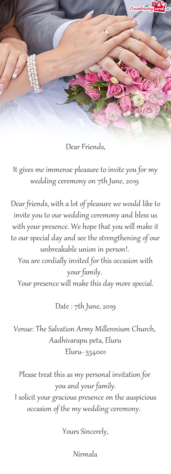 Dear friends, with a lot of pleasure we would like to invite you to our wedding ceremony and bless u