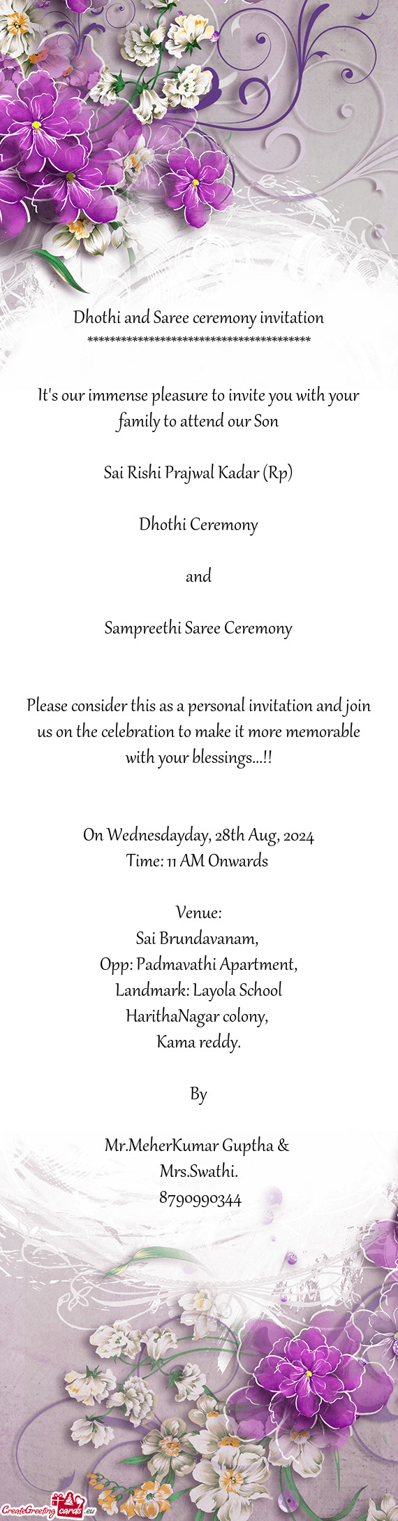 Dhothi and Saree ceremony invitation