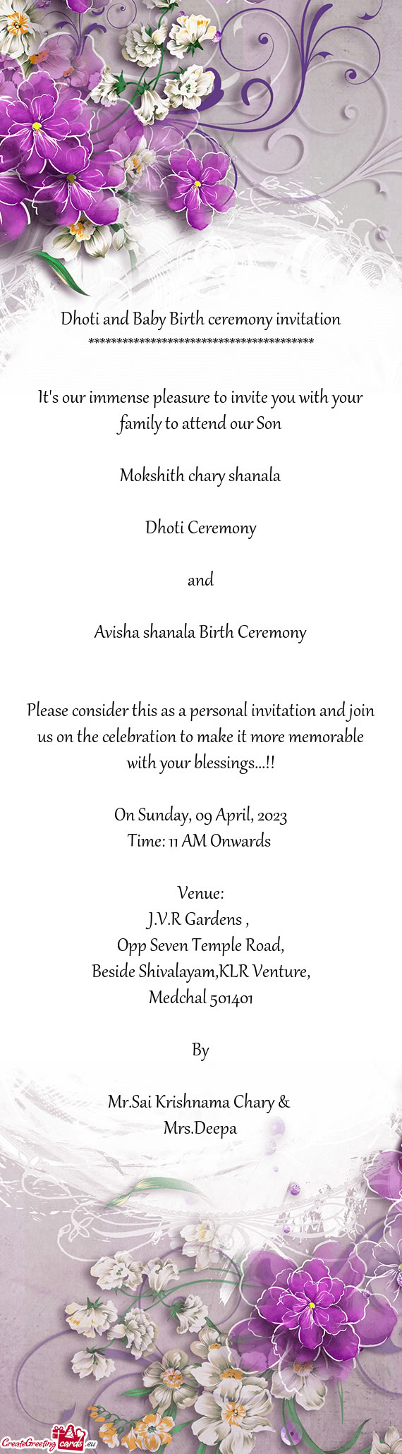Dhoti and Baby Birth ceremony invitation