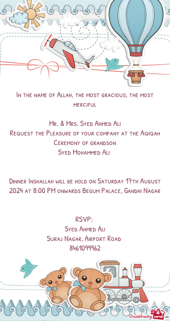 Dinner Inshallah will be hold on Saturday 17th August 2024 at 8:00 PM onwards Begum Palace, Gandhi N