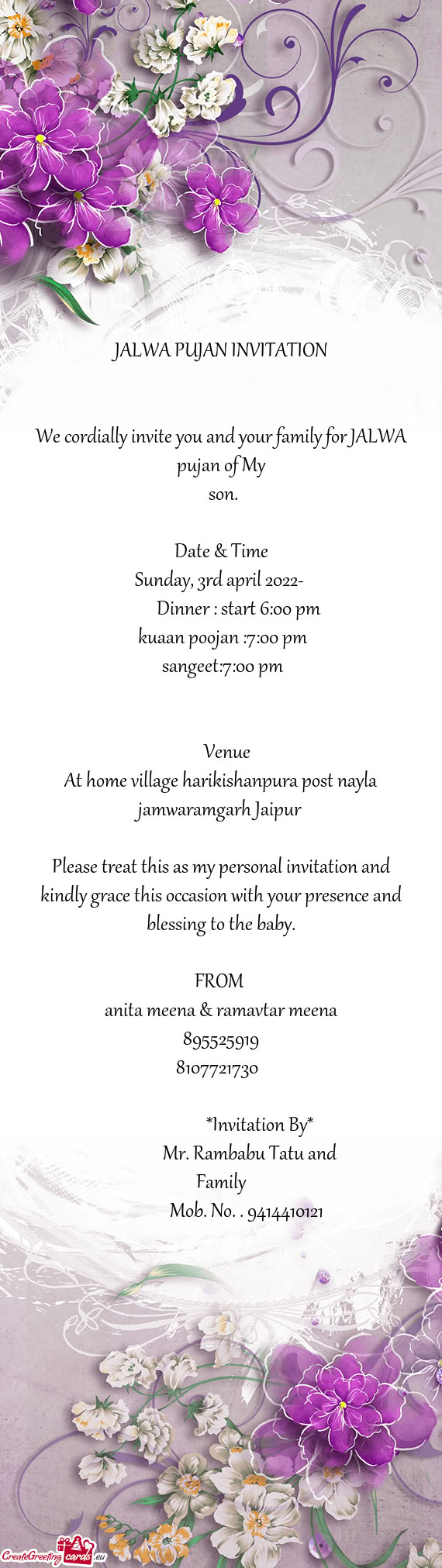 Dinner : start 6:00 pm