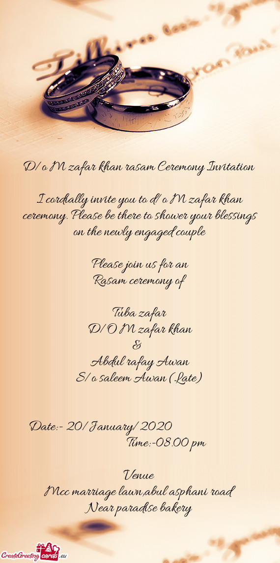 D/o M zafar khan rasam Ceremony Invitation