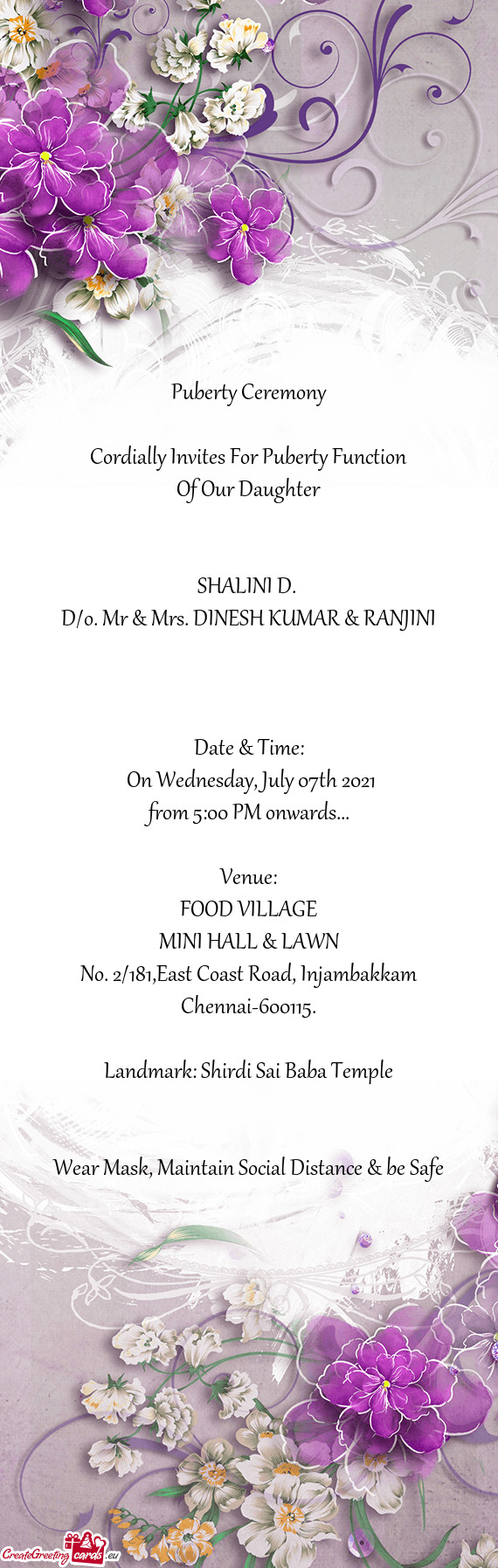 D/o. Mr & Mrs. DINESH KUMAR & RANJINI